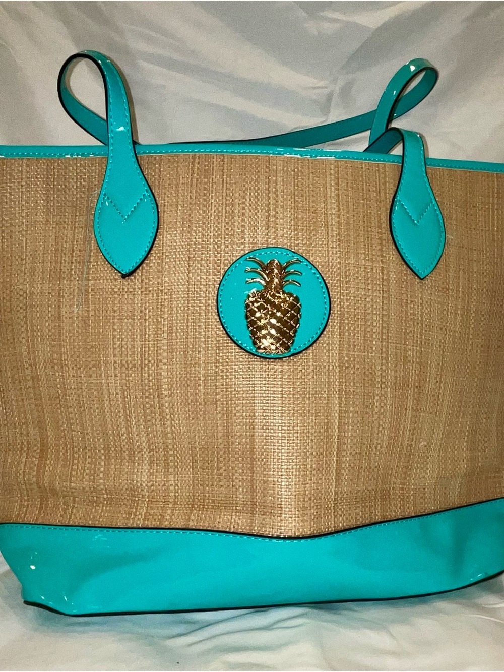 Turquoise Trim Straw Tote with Gold Pineapple Accent